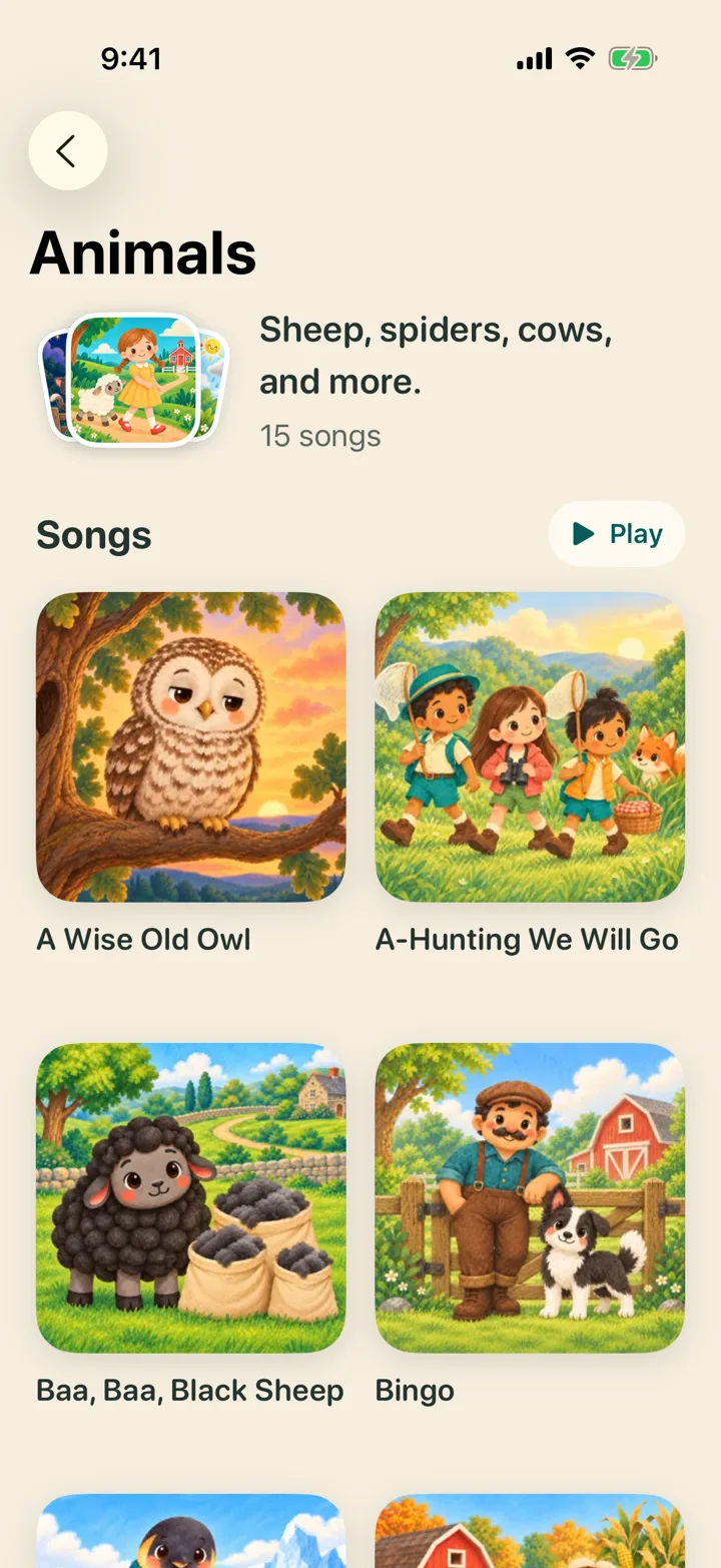 The Animals collection: a grid of song pictures with Play and Shuffle