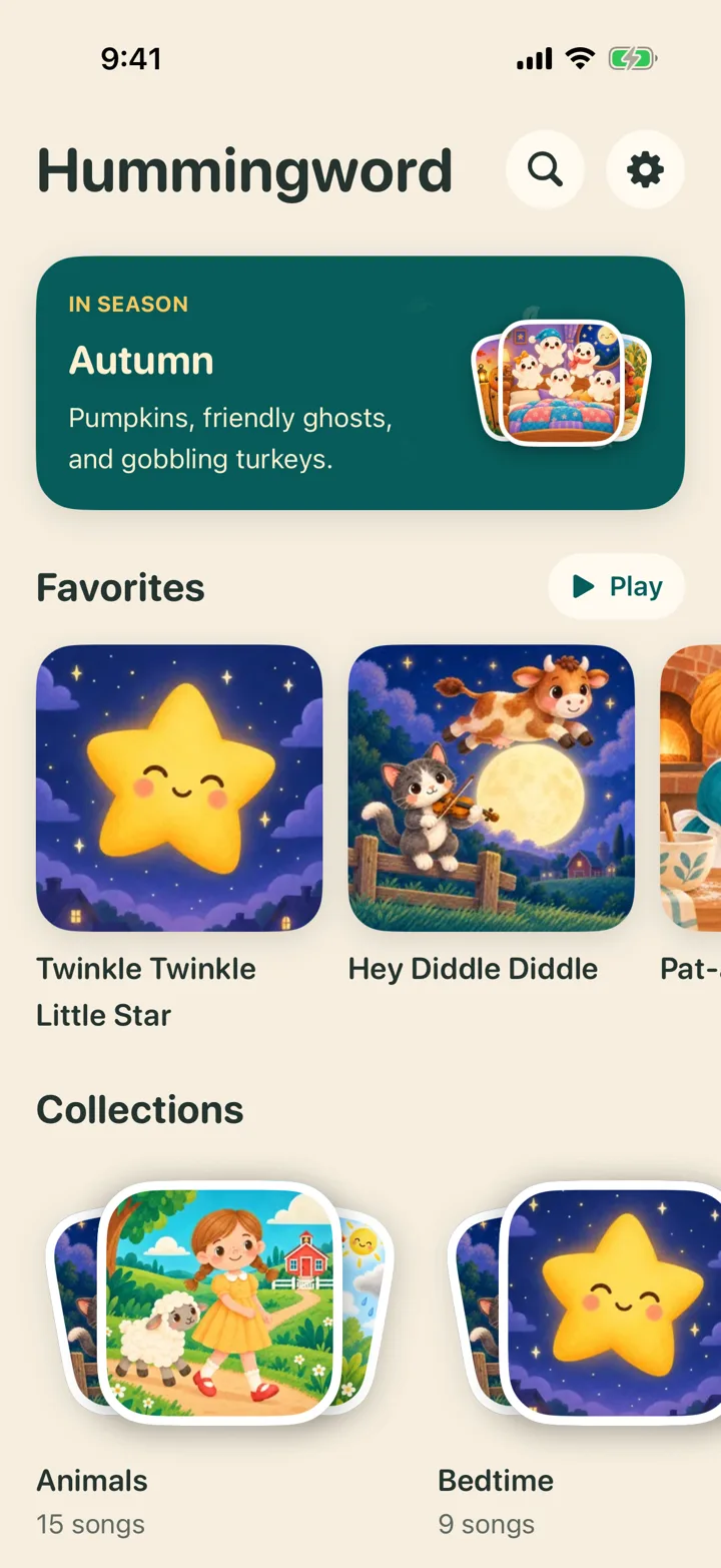 The home screen: an Autumn shelf, Favorites with Play, and Collections
