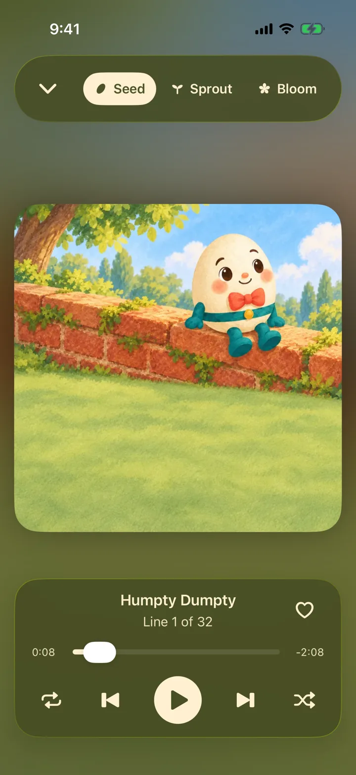 The player with its controls showing: Seed, Sprout, and Bloom at the top, the picture, and play, skip, repeat, and shuffle below